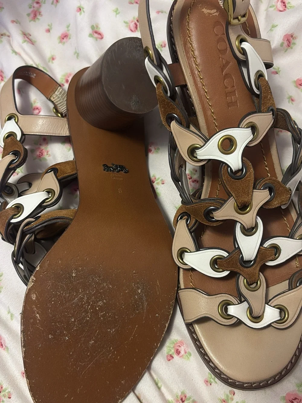 COACH Beige, White & Brown Leather Link Strap Sandals